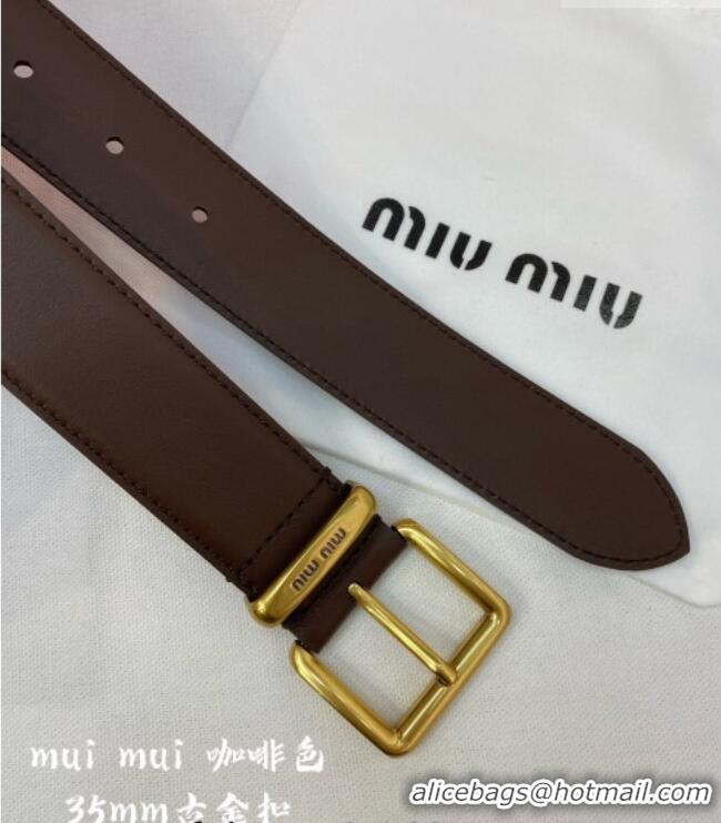 Famous Brand Miu Miu Leather Belt 3.5cm 5432 Coffee/Aged Gold 2024