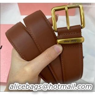 Top Grade Miu Miu Leather Belt 3.5cm 5432 Brown/Aged Gold 2024