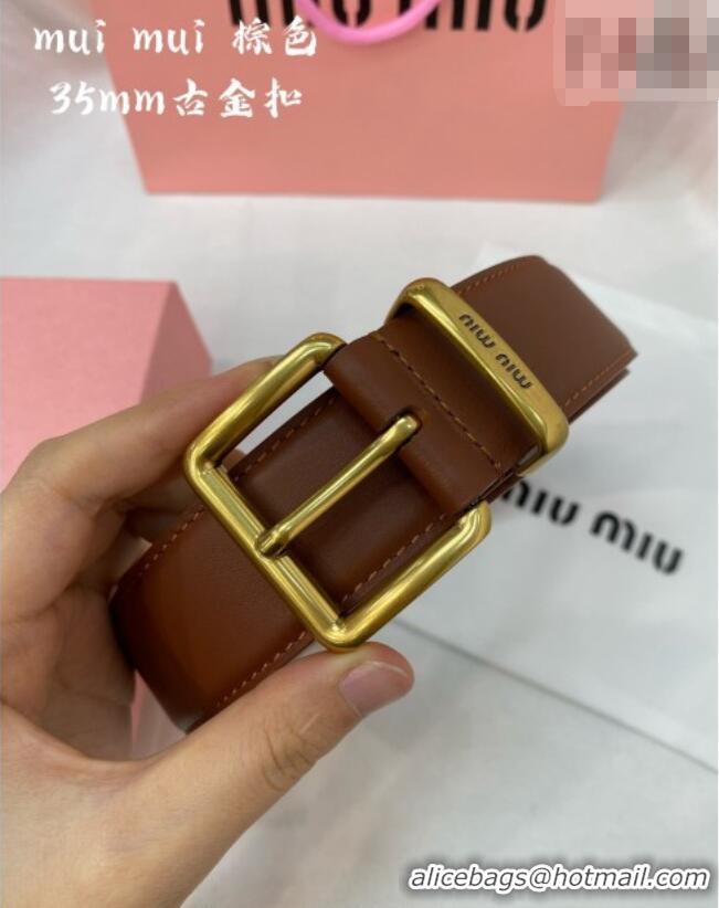 Top Grade Miu Miu Leather Belt 3.5cm 5432 Brown/Aged Gold 2024