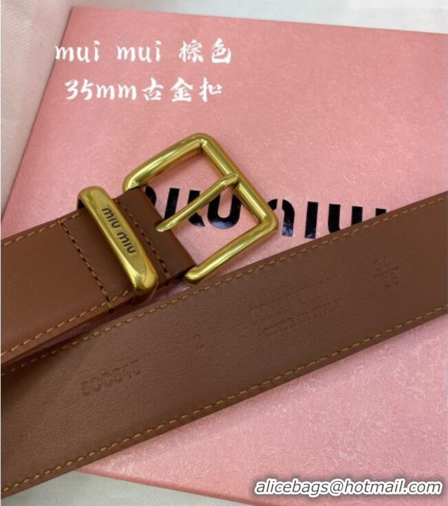 Top Grade Miu Miu Leather Belt 3.5cm 5432 Brown/Aged Gold 2024
