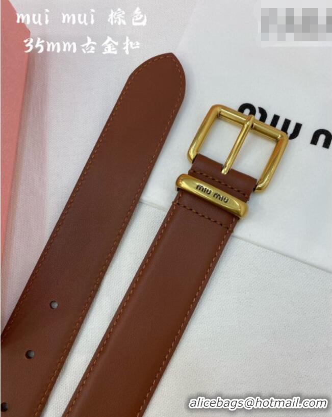 Top Grade Miu Miu Leather Belt 3.5cm 5432 Brown/Aged Gold 2024