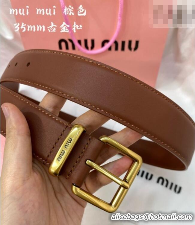 Top Grade Miu Miu Leather Belt 3.5cm 5432 Brown/Aged Gold 2024