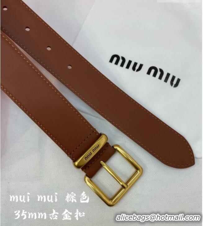 Top Grade Miu Miu Leather Belt 3.5cm 5432 Brown/Aged Gold 2024