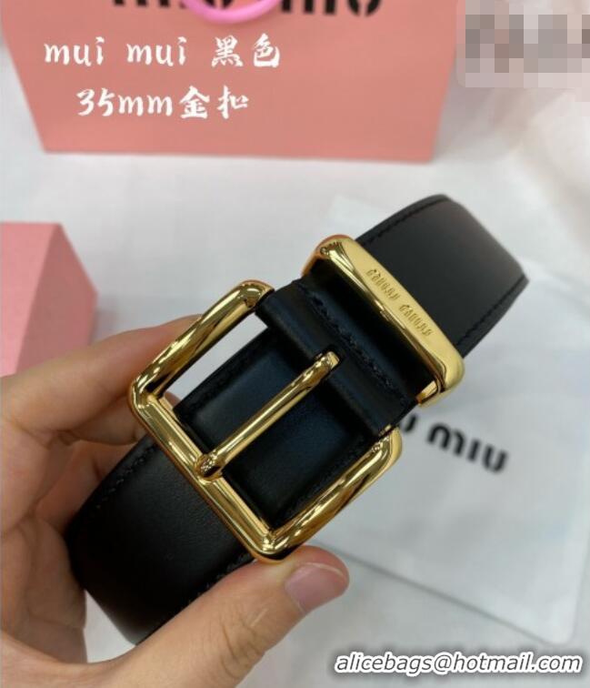 Discount Design Miu Miu Leather Belt 3.5cm 5432 Black/Shiny Gold 2024