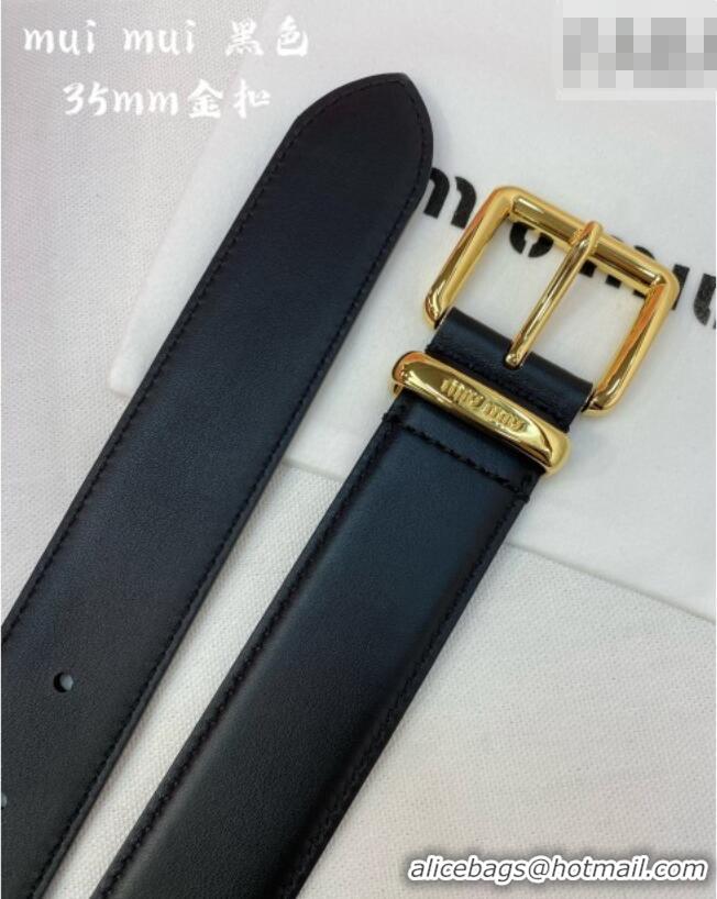 Discount Design Miu Miu Leather Belt 3.5cm 5432 Black/Shiny Gold 2024