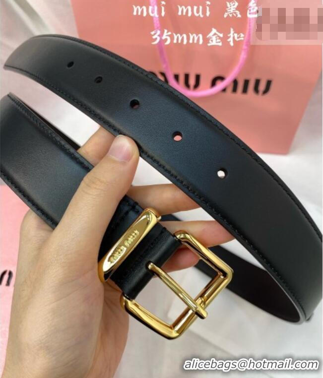 Discount Design Miu Miu Leather Belt 3.5cm 5432 Black/Shiny Gold 2024