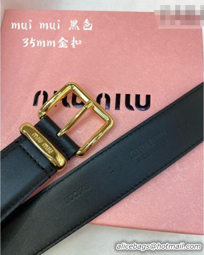 Discount Design Miu Miu Leather Belt 3.5cm 5432 Black/Shiny Gold 2024