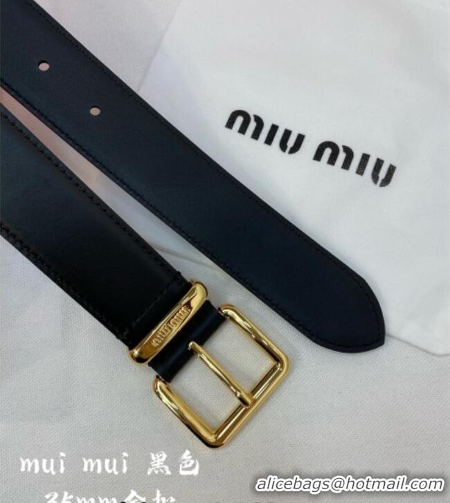 Discount Design Miu Miu Leather Belt 3.5cm 5432 Black/Shiny Gold 2024