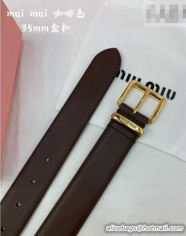 Fashion Discount Miu Miu Leather Belt 3.5cm 5432 Coffee/Shiny Gold 2024