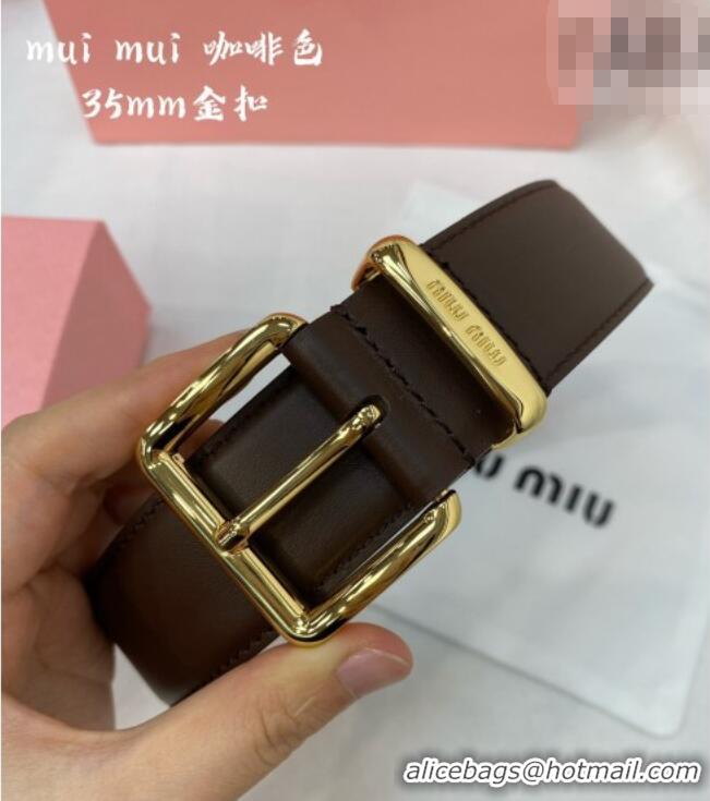 Fashion Discount Miu Miu Leather Belt 3.5cm 5432 Coffee/Shiny Gold 2024