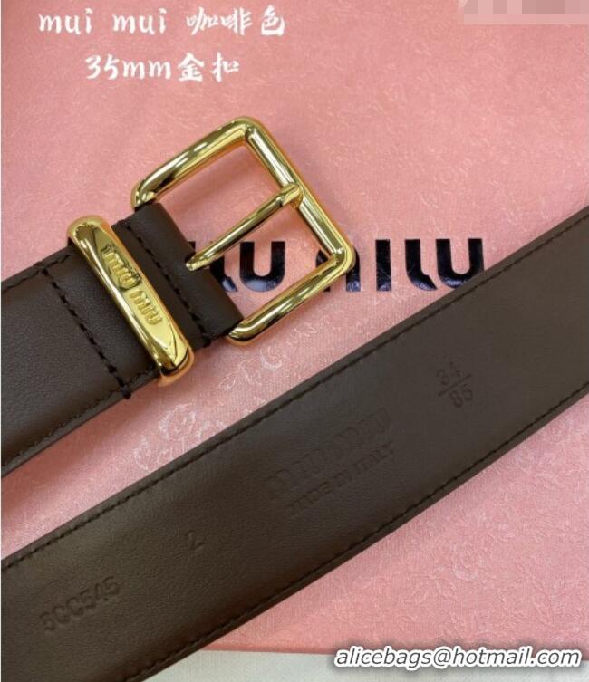 Fashion Discount Miu Miu Leather Belt 3.5cm 5432 Coffee/Shiny Gold 2024