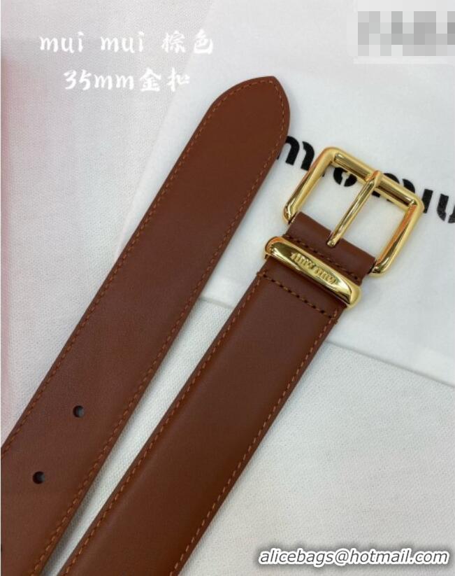 Grade Inexpensive Miu Miu Leather Belt 3.5cm 5432 Brown/Shiny Gold 2024