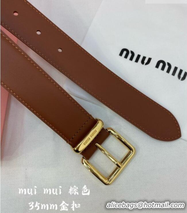 Grade Inexpensive Miu Miu Leather Belt 3.5cm 5432 Brown/Shiny Gold 2024
