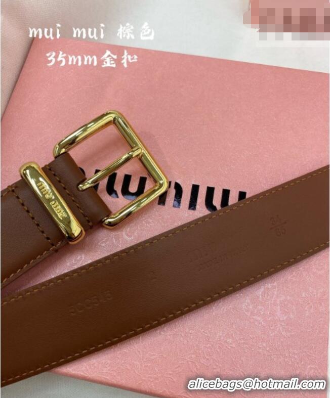Grade Inexpensive Miu Miu Leather Belt 3.5cm 5432 Brown/Shiny Gold 2024