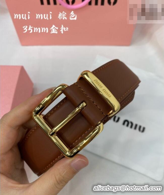 Grade Inexpensive Miu Miu Leather Belt 3.5cm 5432 Brown/Shiny Gold 2024