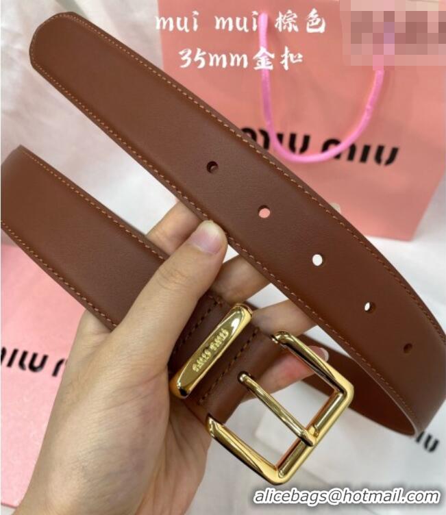 Grade Inexpensive Miu Miu Leather Belt 3.5cm 5432 Brown/Shiny Gold 2024