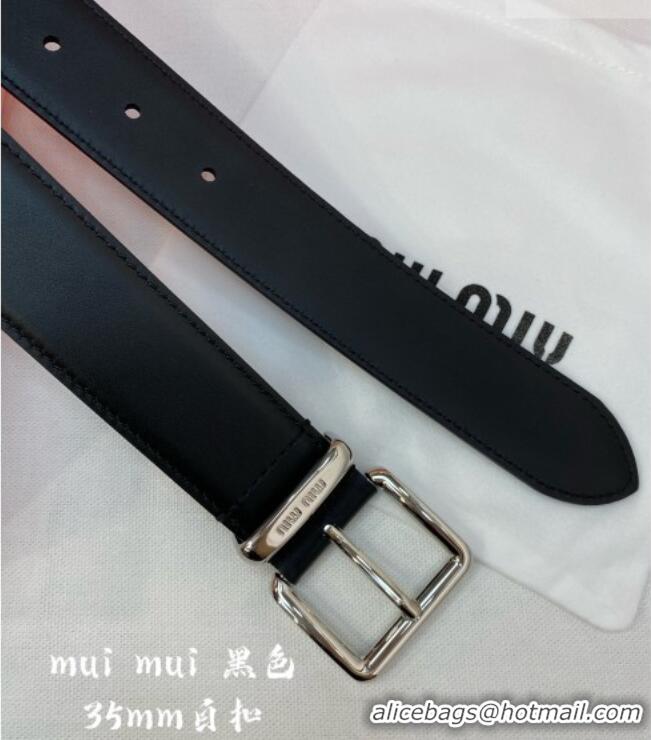Best Grade Miu Miu Leather Belt 3.5cm 5432 Black/Silver 2024