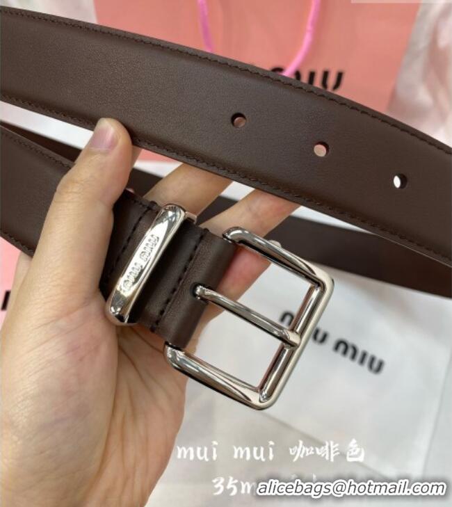 Original Cheap Miu Miu Leather Belt 3.5cm 5432 Coffee/Silver 2024
