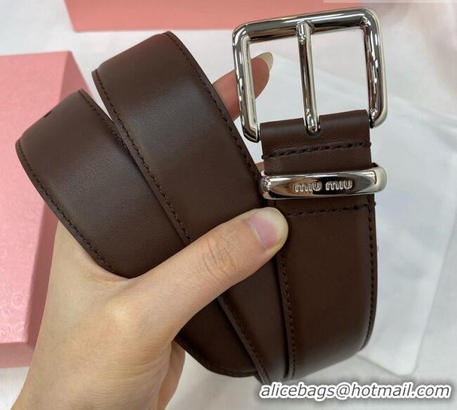 Original Cheap Miu Miu Leather Belt 3.5cm 5432 Coffee/Silver 2024