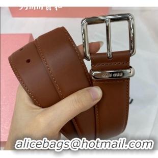 Buy Fashionable Miu Miu Leather Belt 3.5cm 5432 Brown/Silver 2024