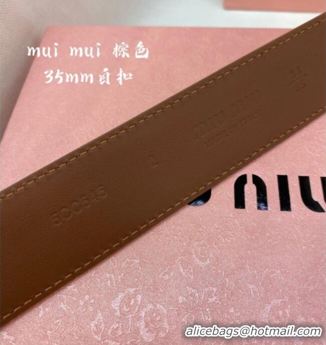 Buy Fashionable Miu Miu Leather Belt 3.5cm 5432 Brown/Silver 2024