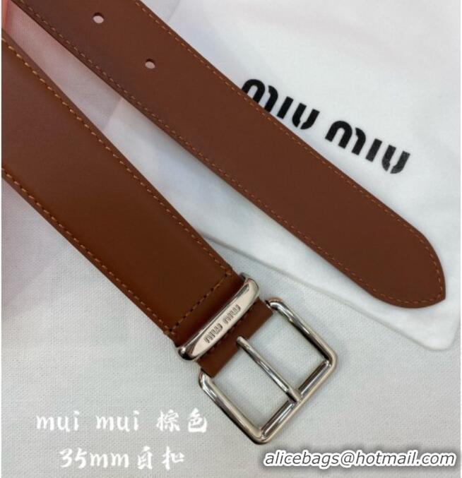 Buy Fashionable Miu Miu Leather Belt 3.5cm 5432 Brown/Silver 2024