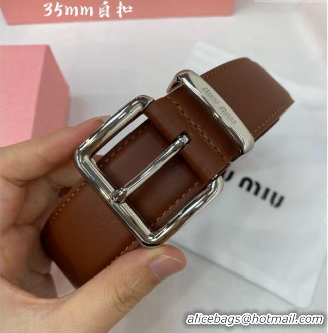 Buy Fashionable Miu Miu Leather Belt 3.5cm 5432 Brown/Silver 2024