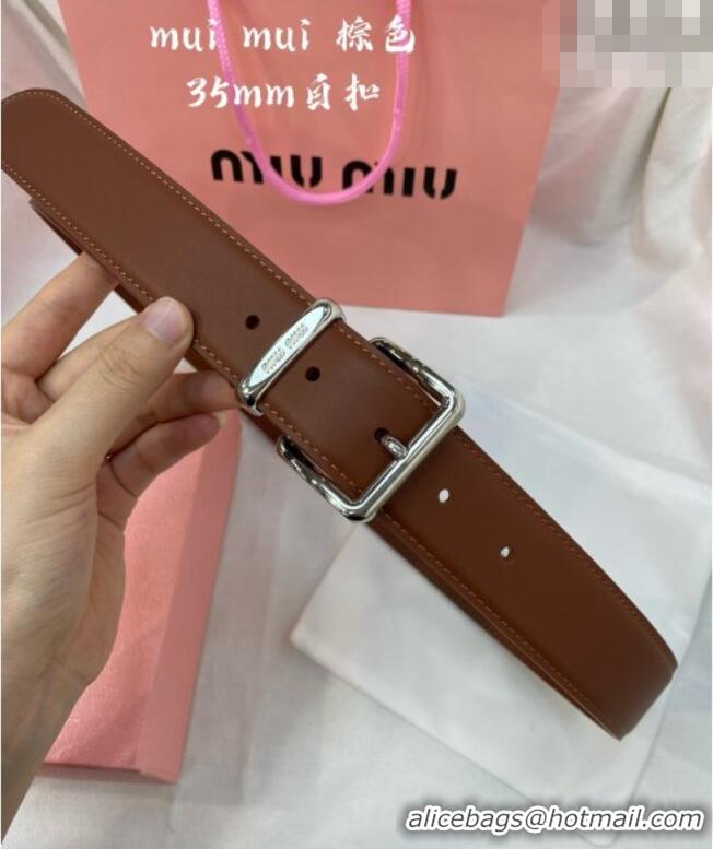 Buy Fashionable Miu Miu Leather Belt 3.5cm 5432 Brown/Silver 2024