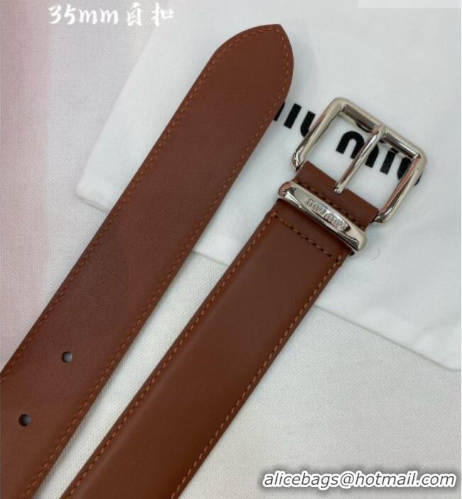 Buy Fashionable Miu Miu Leather Belt 3.5cm 5432 Brown/Silver 2024