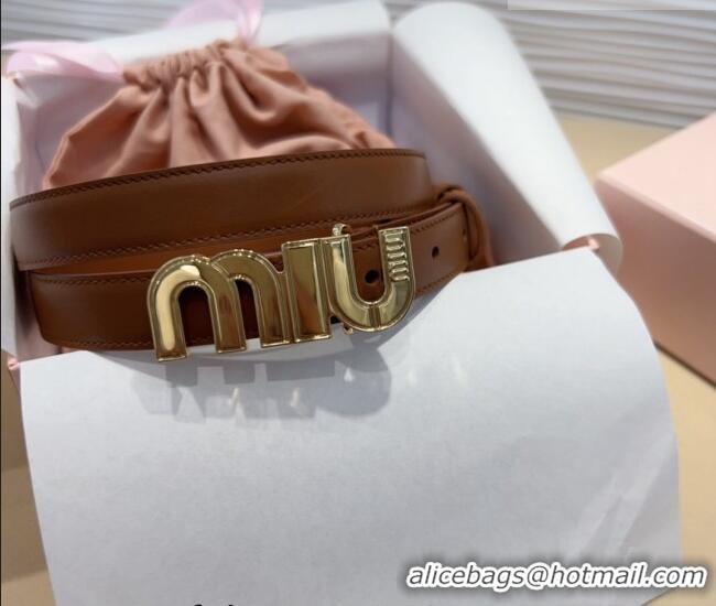 Luxury Discount Miu Miu Leather Belt 2cm with logo Buckle 0708 Brown/Gold 2024