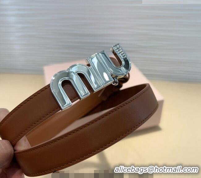 Best Quality Miu Miu Leather Belt 2cm with logo Buckle 0708 Brown/Silver 2024