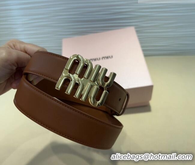 Top Grade Miu Miu Calfskin Belt 3cm with MIU Buckle MM102201 Brown/Gold 2024