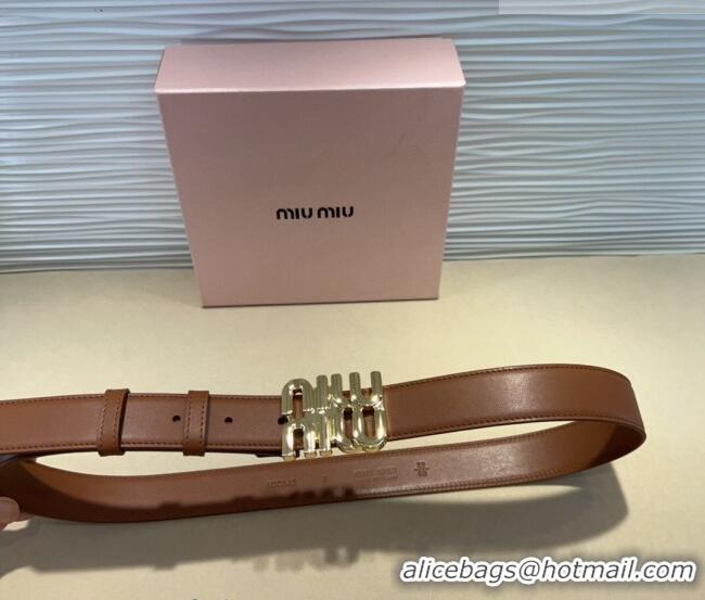 Top Grade Miu Miu Calfskin Belt 3cm with MIU Buckle MM102201 Brown/Gold 2024