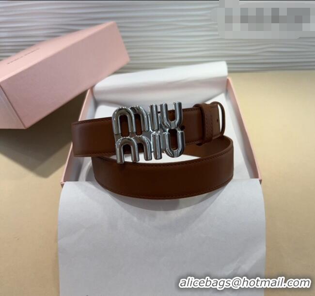 Super Quality Miu Miu Calfskin Belt 3cm with MIU Buckle MM102201 Brown/Silver 2024