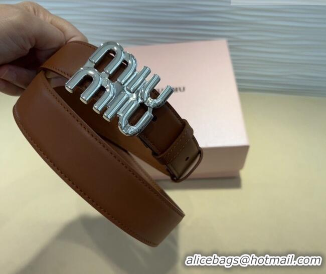 Super Quality Miu Miu Calfskin Belt 3cm with MIU Buckle MM102201 Brown/Silver 2024
