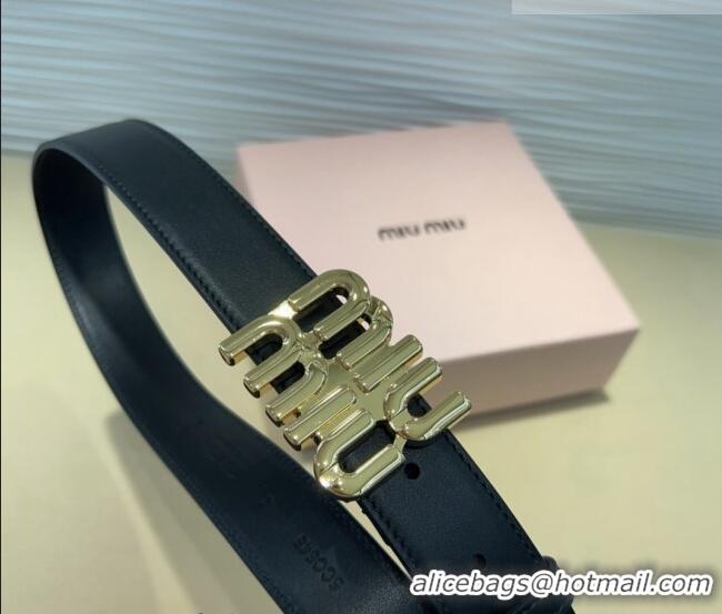 Famous Brand Miu Miu Calfskin Belt 3cm with MIU Buckle MM102201 Black/Gold 2024