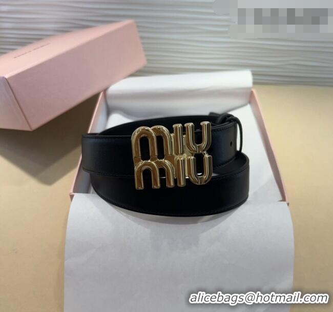 Famous Brand Miu Miu Calfskin Belt 3cm with MIU Buckle MM102201 Black/Gold 2024