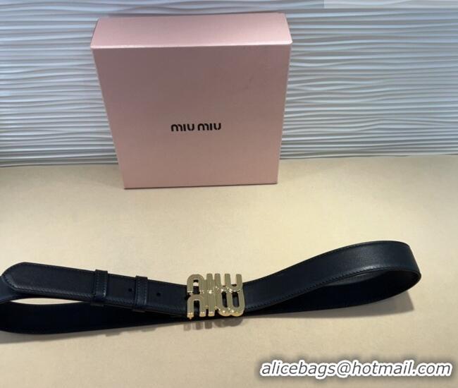 Famous Brand Miu Miu Calfskin Belt 3cm with MIU Buckle MM102201 Black/Gold 2024