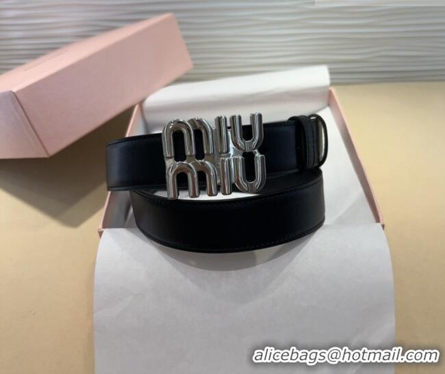 Luxury Discount Miu Miu Calfskin Belt 3cm with MIU Buckle MM102201 Black/Silver 2024