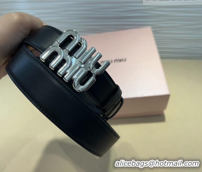 Luxury Discount Miu Miu Calfskin Belt 3cm with MIU Buckle MM102201 Black/Silver 2024