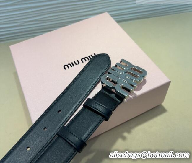 Luxury Discount Miu Miu Calfskin Belt 3cm with MIU Buckle MM102201 Black/Silver 2024