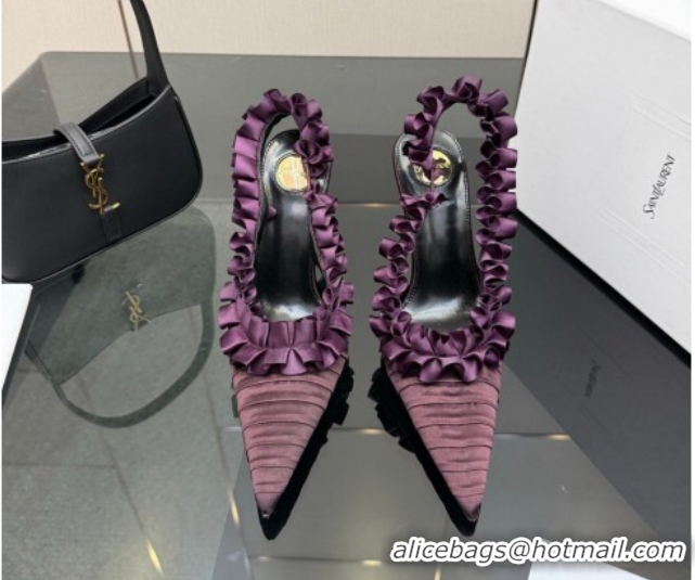Good Quality Saint Laurent MADELEINE Slingbacks Pump 10.5cm in Silk Taffeta Dark Purple 2026 867272