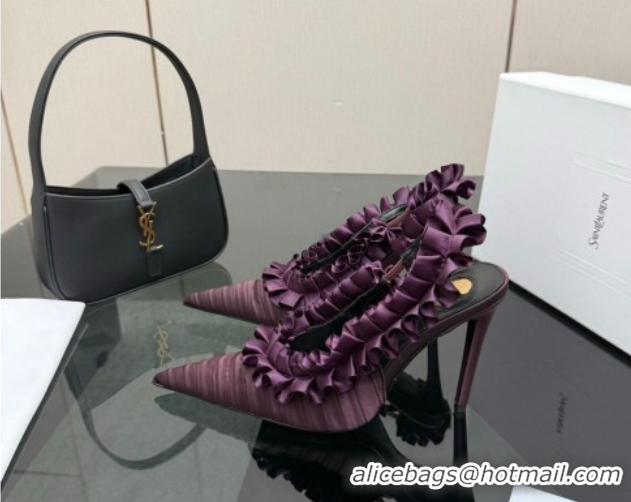 Good Quality Saint Laurent MADELEINE Slingbacks Pump 10.5cm in Silk Taffeta Dark Purple 2026 867272