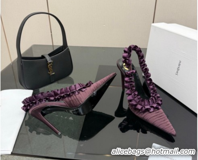 Good Quality Saint Laurent MADELEINE Slingbacks Pump 10.5cm in Silk Taffeta Dark Purple 2026 867272
