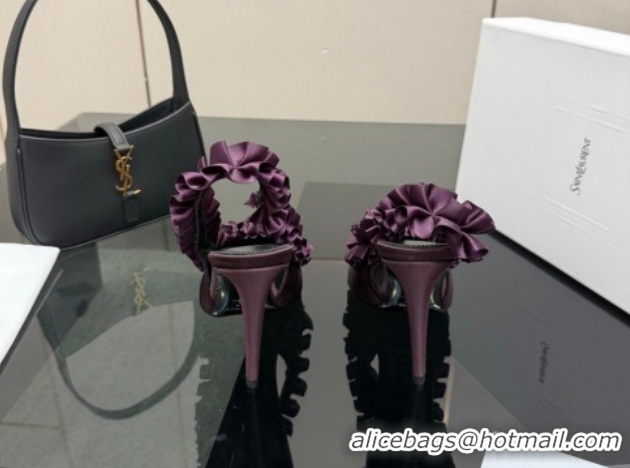 Good Quality Saint Laurent MADELEINE Slingbacks Pump 10.5cm in Silk Taffeta Dark Purple 2026 867272