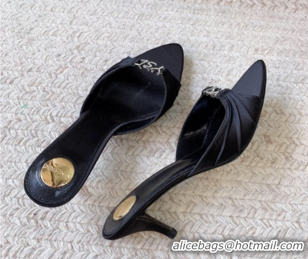 Top Grade Saint Laurent Jerry Heel Slides Sandal 6cm in Satin Crepe Black 2026 8696549