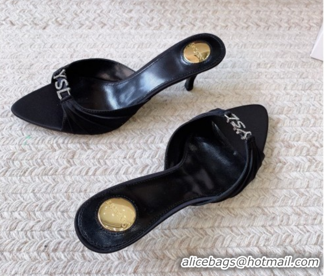 Top Grade Saint Laurent Jerry Heel Slides Sandal 6cm in Satin Crepe Black 2026 8696549