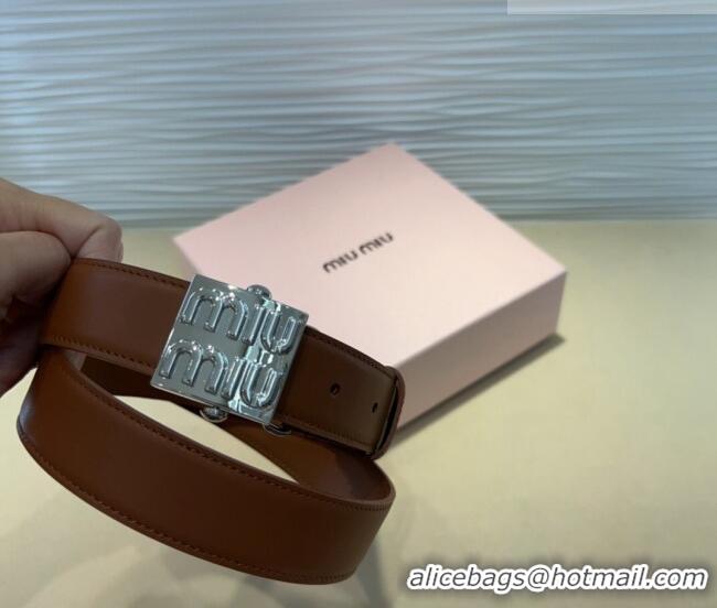 Good Product Miu Miu Calfskin Belt 3cm with Logo Band MM102201 Brown/Silver 2024