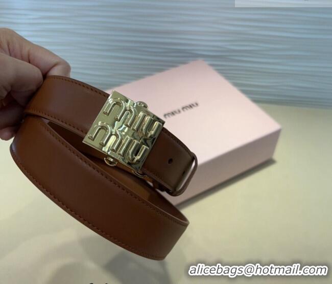 Reasonable Price Miu Miu Calfskin Belt 3cm with Logo Band Buckle MM102201 Brown/Gold 2024