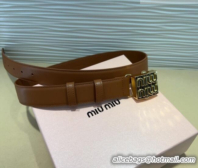 Reasonable Price Miu Miu Calfskin Belt 3cm with Logo Band Buckle MM102201 Brown/Gold 2024